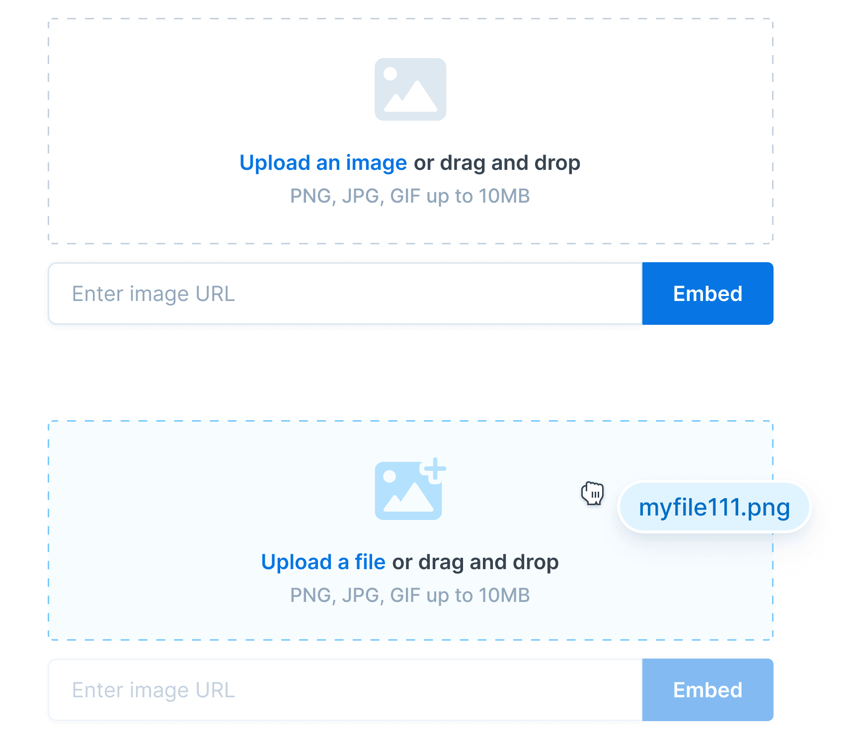 Two placeholder screens. The first shows a clear CTA in the middle for users to upload an image. The second shows a user dragging and dropping a file into the area.